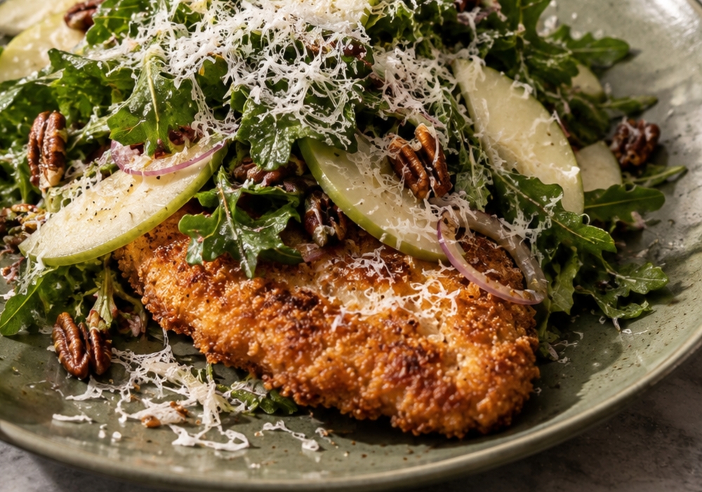 Crispy, cool and ready for Fall: Chicken cutlets with apple-arugula salad