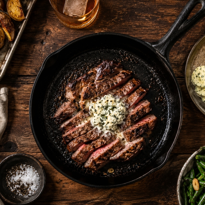 Steakhouse night for dad: Cast-iron ribeye steaks with blue cheese butter