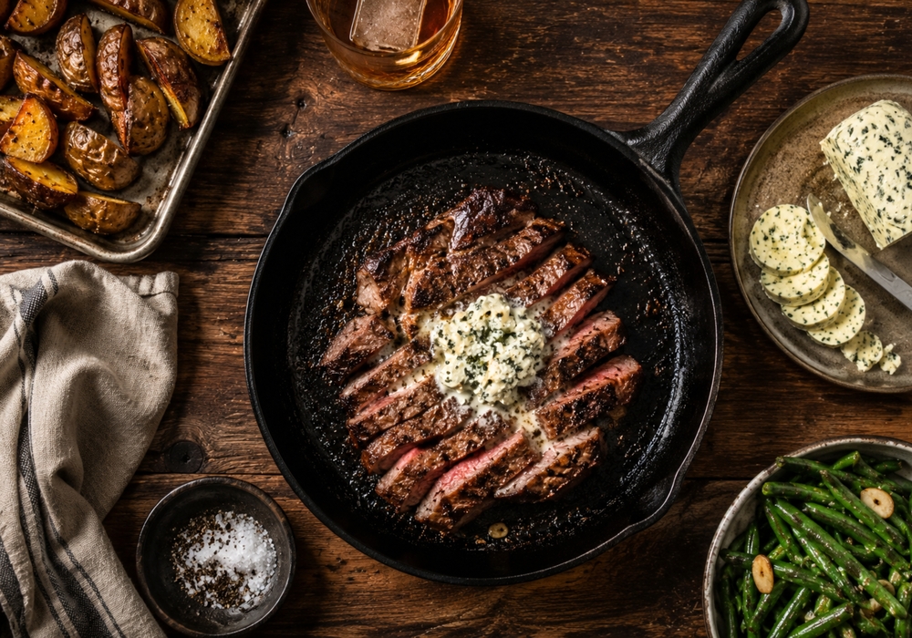 Steakhouse night for dad: Cast-iron ribeye steaks with blue cheese butter